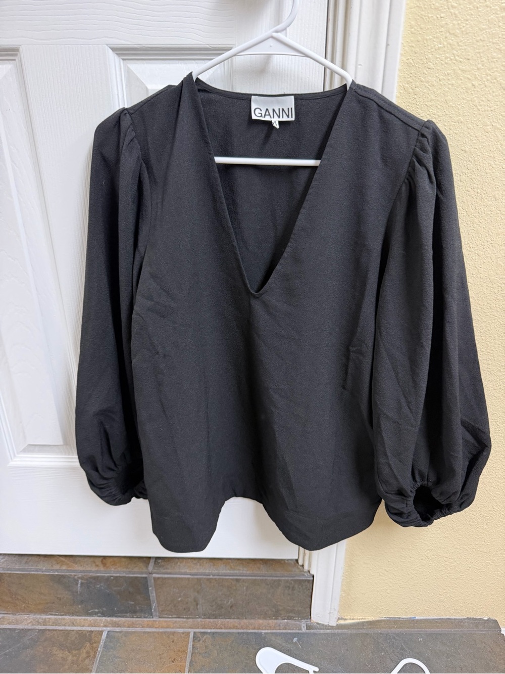 Ganni Black V-Neck Oversized Balloon Sleeve Blouse
